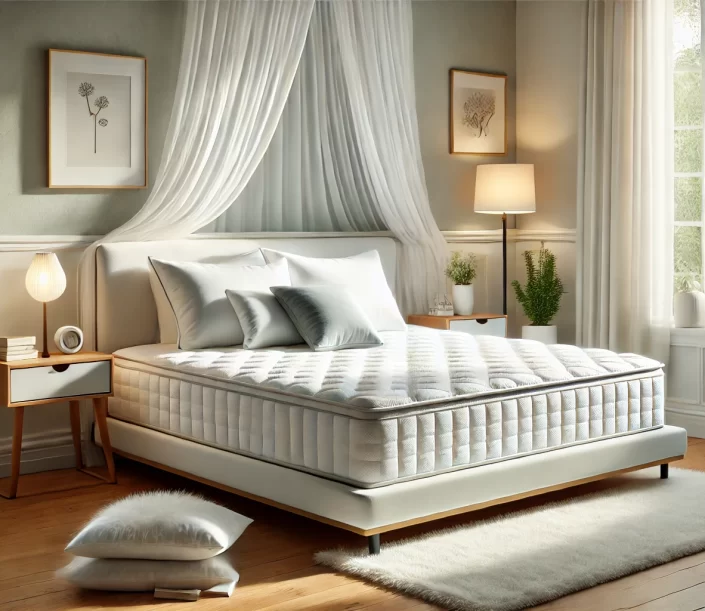 DALL·E 2024-07-24 14.26.36 - A cozy bedroom scene featuring a modern cooling mattress on the bed. The bed has soft, white linens and plush pillows. The room is well-lit with natur